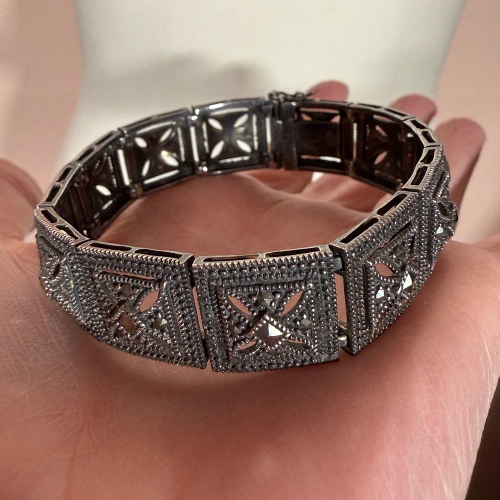 Vintage antique Art Deco Sterling Silver Filagree Marcasite wide Bracelet 7in